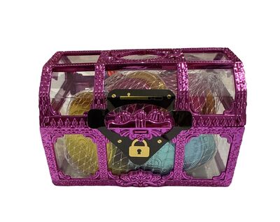 תיבת אוצר 10*6 ס"מ עם כ-32 מטבעות שוקולד צבעוניים