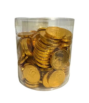 מטבעות שוקולד צבע זהב דגם 10 ש"ח- חלבי, 1 ק"ג כ-152 מטבעות